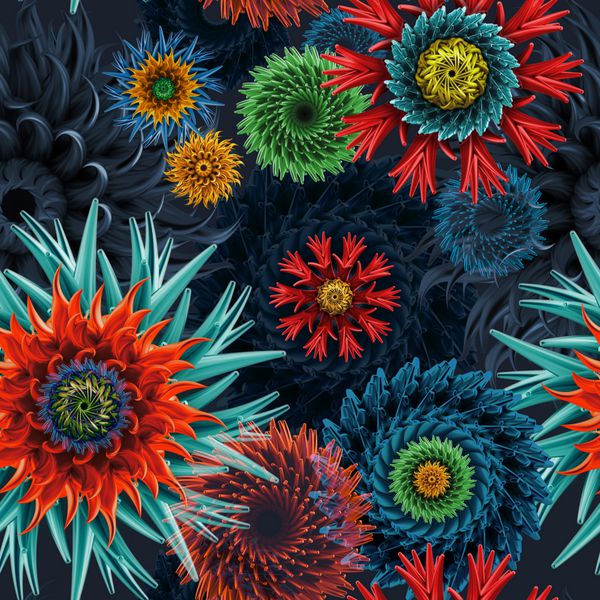 الگوی بدون درز با گل‌ها و ستاره‌های انتزاعی سه بعدی جدا شده در پس‌زمینه سیاه