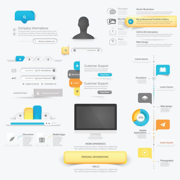 مجموعه ای از عناصر Infographics UI ناوبری الگوی وب سایت با نمادها