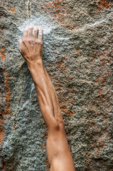 جزئیات نزدیک از کوهنوردان جوان و قوی که با دست روی دیواری گچی گرفته شده اند سنگ رنگارنگ با جزئیات و دست قوی عضلانی