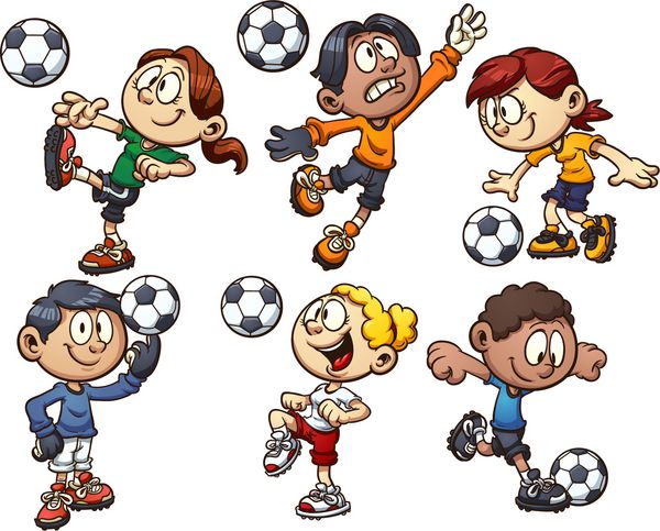 بچه های کارتونی در حال بازی فوتبال وکتور کلیپ آرت با شیب ساده هر کدام در یک لایه جداگانه