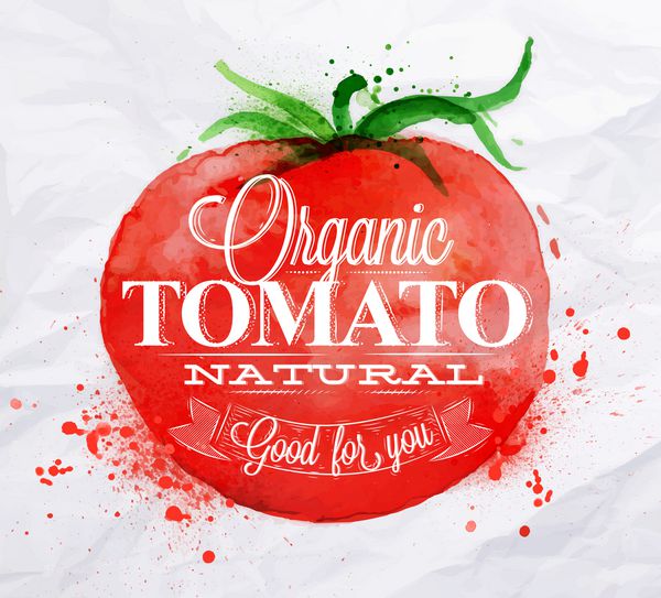 پوستری با آبرنگ قرمز با حروف گوجه فرنگی ارگانیک برای شما خوب است