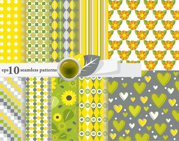 وکتور مجموعه ای از 10 الگوی بدون درز در رنگ های زرد و سبز روشن