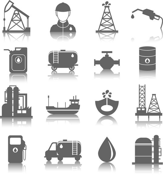 نمادهای نمادهای فرآوری بنزین صنعت نفت با وکتور جدا شده قوطی نفت و پمپ تانکر تنظیم شده است
