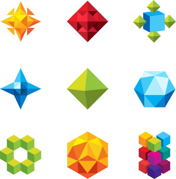 مجموعه ای از نمادهای هندسی منحصر به فرد رنگارنگ و فرم های برداری آرم زیبای شرکت های تجاری