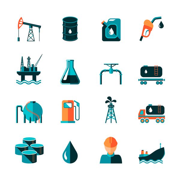 نمادهای نمادهای پردازش بنزین صنعت نفت که به سبک مسطح با قوطی نفتی کامیون تانکر و وکتور جدا شده از پمپ تنظیم شده است