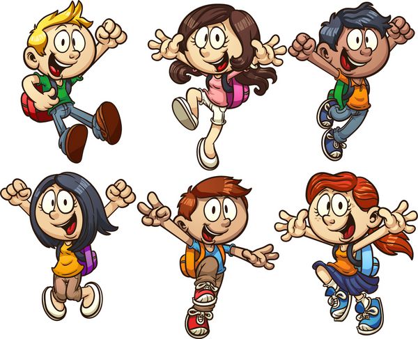 بچه های مدرسه کارتون وکتور کلیپ آرت با شیب ساده هر کدام در یک لایه جداگانه