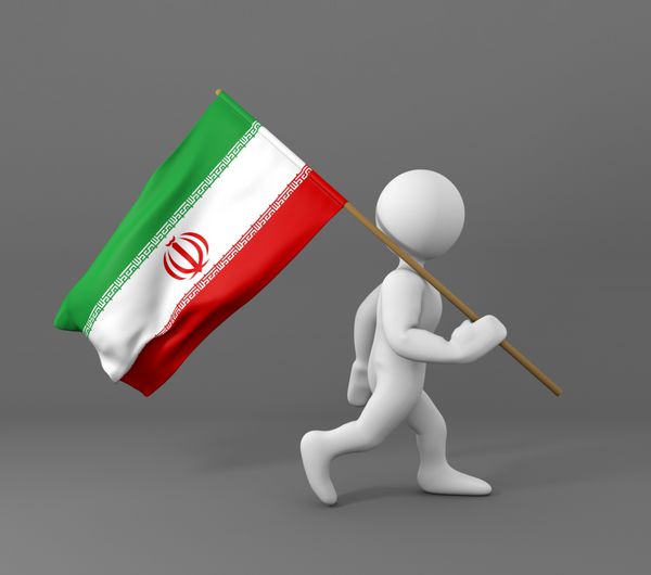 شخصیت راه می‌رود و پرچم ایران را در دست دارد