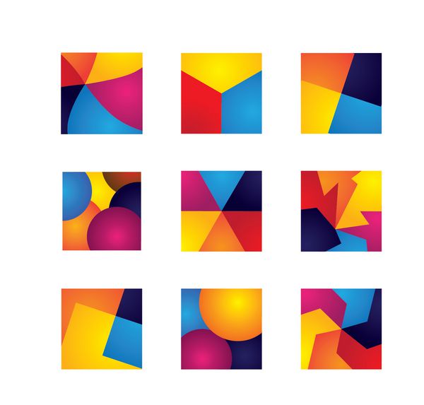 مربع های رنگارنگ با نمادهای وکتور تقسیم بندی عناصر طراحی این گرافیک شامل رنگ های نارنجی زرد قرمز آبی در ترکیب های پر جنب و جوش است