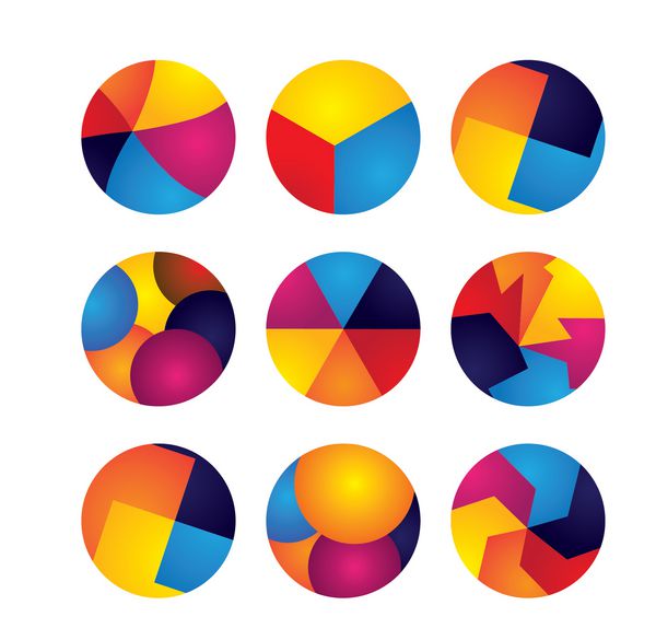 نمادهای وکتور دایره های انتزاعی رنگارنگ عناصر طراحی این گرافیک شامل رنگ های نارنجی زرد قرمز آبی در ترکیب های پر جنب و جوش است
