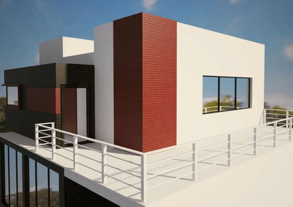 رندر سه بعدی نمای بیرونی خانه خصوصی مدرن