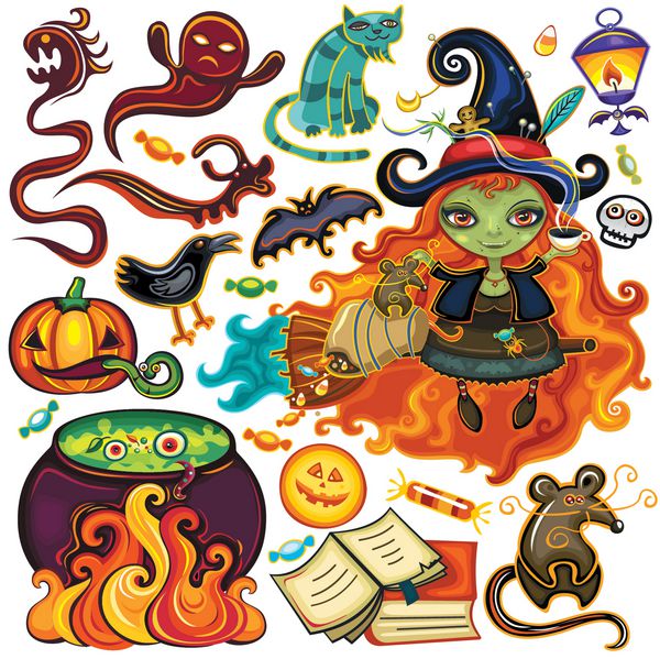 مجموعه بزرگی از اشیاء هالووین نمادها عناصر طراحی