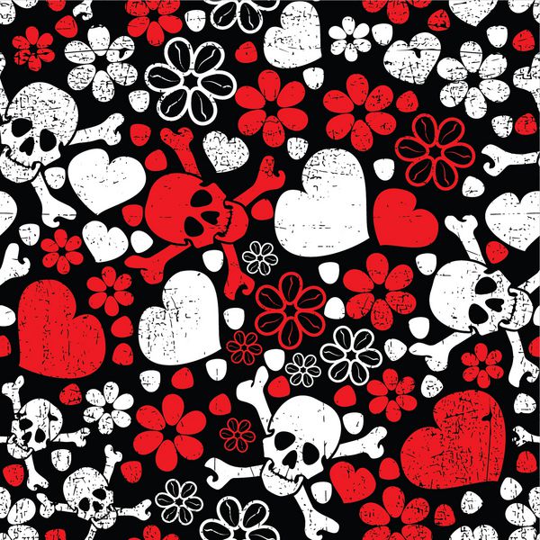 جمجمه قرمز در گل و قلب در پس زمینه سیاه - الگوی بدون درز
