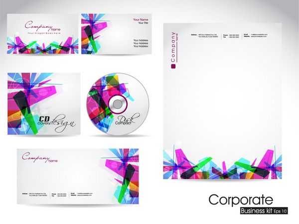 کیت هویت سازمانی حرفه ای یا کیت تجاری با طراحی انتزاعی هنری و رنگی برای کسب و کار شما شامل طرح های جلد سی دی کارت ویزیت پاکت نامه و طرح های سر نامه با فرمت است