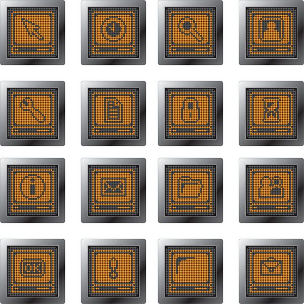 دکمه های پلاستیکی مشکی با پایانه های نارنجی مجموعه آیکون با نمادهای ارتباطی و مخابراتی مبتنی بر نقطه برای صفحه های کنترل و اطلاعات طراحی وب و چاپ با کیفیت بالا