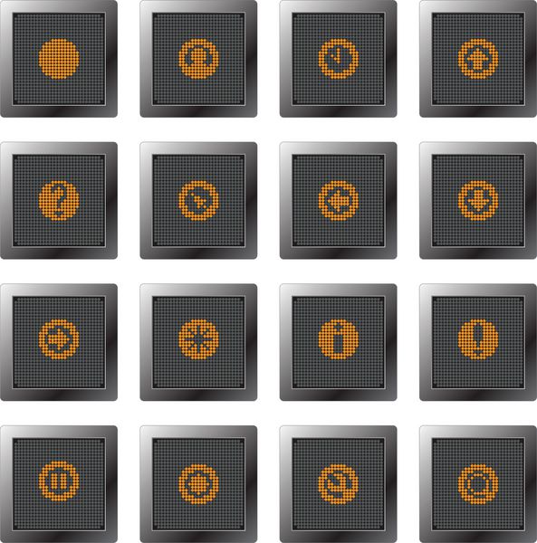 دکمه های پلاستیکی تیره با مجموعه آیکون با نمادهای نارنجی مبتنی بر نقطه برای کنترل و صفحه نمایش اطلاعات و طراحی وب و چاپ با کیفیت بالا