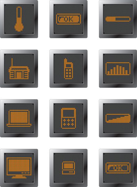 دکمه های پلاستیکی مشکی با نمادهای مبتنی بر نقطه نارنجی و نمادهای ابزار در سایه های خاکستری برای طراحی وب و چاپ با کیفیت بالا