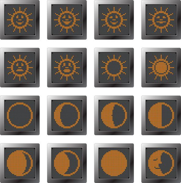 دکمه های پلاستیکی تیره با خورشید و ماه نارنجی مجموعه آیکون با نمادهای مبتنی بر نقطه خورشید با تشبیهات و فازهای ماه برای صفحه نمایش کنترل و اطلاعات طراحی وب و چاپ با کیفیت بالا