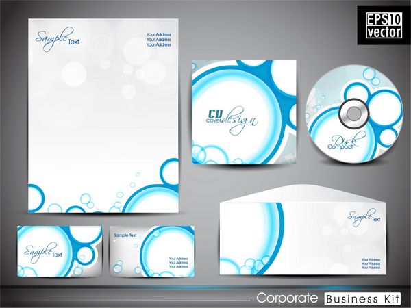 کیت حرفه ای هویت شرکت یا کیت تجاری با طراحی انتزاعی در رنگ آبی شامل پاکت نامه جلد سی دی کارت ویزیت و طرح های سر نامه در است