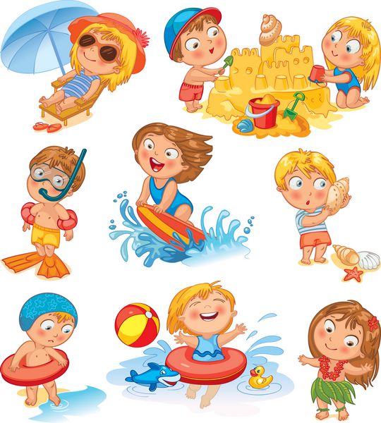 تعطیلات تابستانی دختر کوچک ناز با لباس شنا در ساحل زیر چتر آفتاب می گیرد در دریا شنا کن پسر بامزه با ماسک باله کلاه شنا شناور نجات ساخت قلعه شنی رقص هاوایی