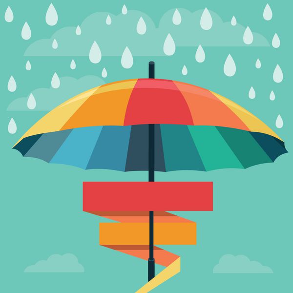 وکتور چتر و قطره های باران در رنگ های رنگین کمان - مفهوم آب و هوای انتزاعی