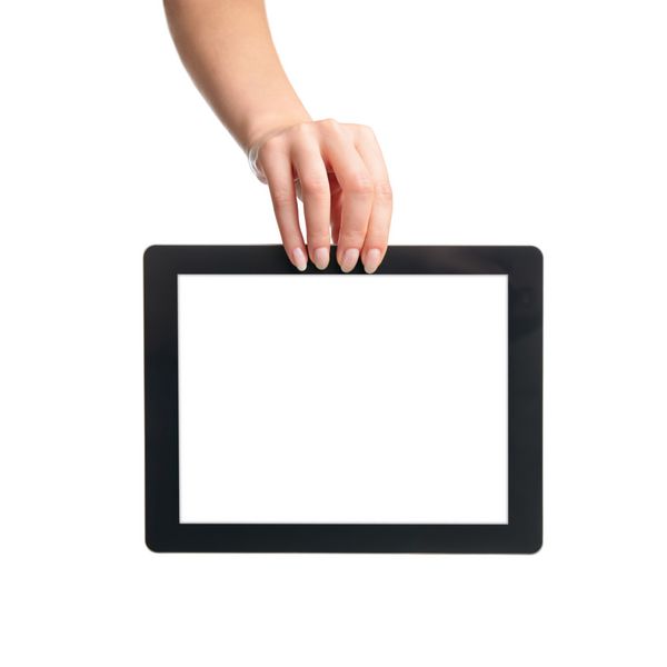 دست زن که رایانه لوحی دیجیتال را در دست دارد جدا شده روی سفید با صفحه ایزوله