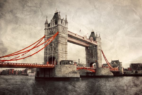 پل برج در لندن انگلستان انگلستان سبک وینتیج هنری سبک رترو با عناصر قرمز