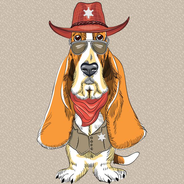 وکتور سگ هیپستر کلانتر لباس نژاد Basset Hound با کلاه عینک و جلیقه با ستاره