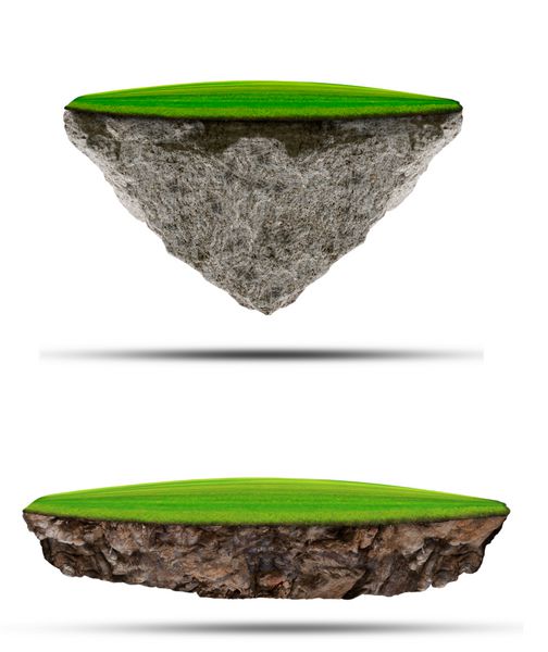 دو نوع زمین چمن سبز شناور بر فراز جزیره صخره ای با استفاده سفید برای طبیعت چند منظوره و پس زمینه یا پس زمینه خلاقانه