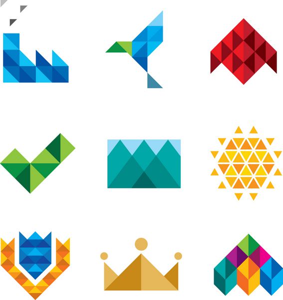 مجموعه لوگوی مجموعه آرم اشیاء مثلث اجتماعی پیکسل کامپیوتر نسل جدید که روی نمادهای پس زمینه سفید جدا شده است