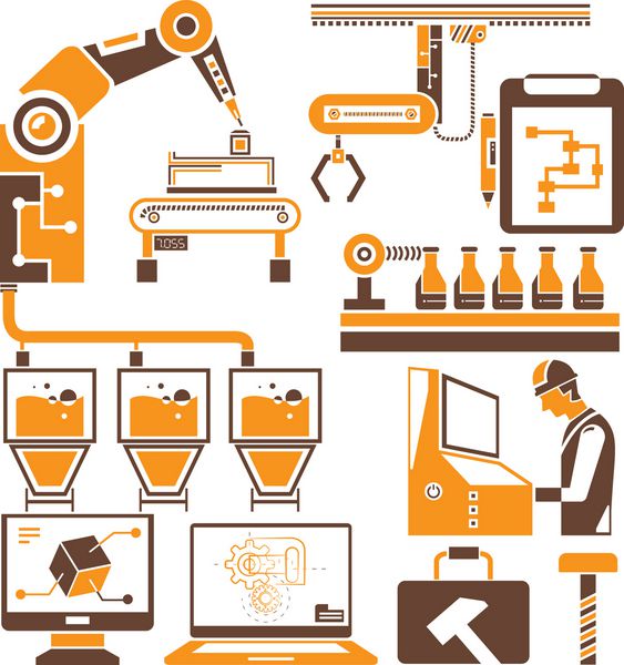 اتوماسیون در خط تولید و مجموعه آیکون های مدیریت مهندسی صنایع تم قهوه ای و نارنجی