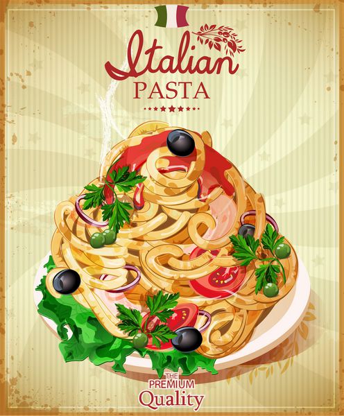 پاستا ایتالیایی اسپاگتی با سس منوی رستوران پوستر به سبک قدیمی