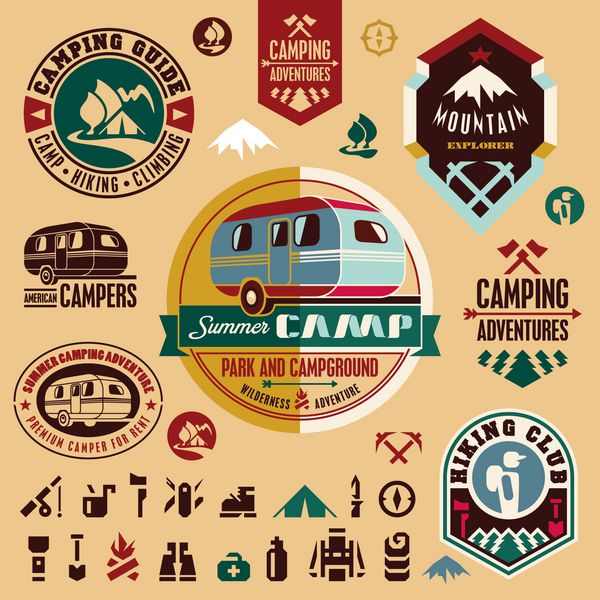 نمادهای کمپینگ تجهیزات کمپینگ کوهستان کمپر نشان ها و برچسب های کمپ تنظیم شده است