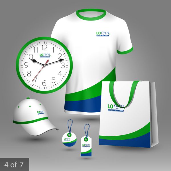 طرح سوغاتی تبلیغاتی سفید برای شرکت با خطوط آبی و سبز عناصر لوازم التحریر
