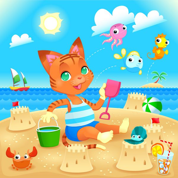 گربه جوان در ساحل قلعه می سازد کارتون خنده دار و وکتور شما می توانید Find The Difference را بین سایر تصاویر مشابه در نمونه کارها من بازی کنید