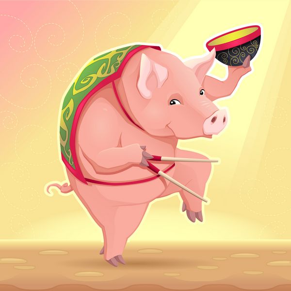خوک بامزه با کاسه سوپ و چوب چینی وکتور تصویر کارتونی