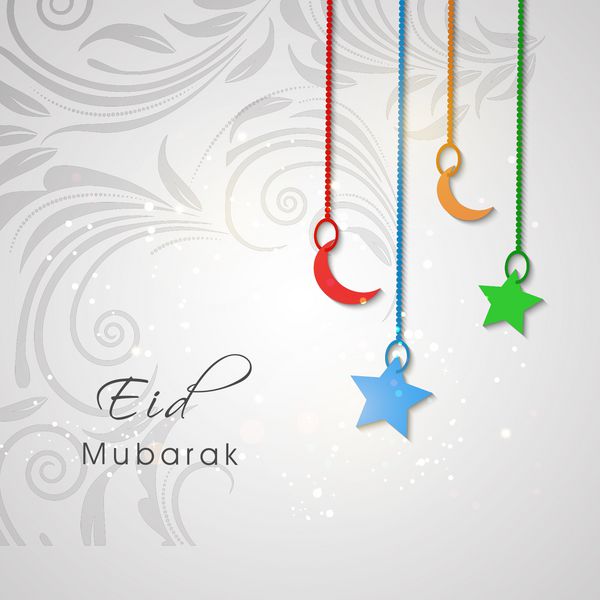 طرح زیبای کارت تبریک عید مبارک با ماه و ستاره رنگارنگ در زمینه خاکستری تزئین شده با گل