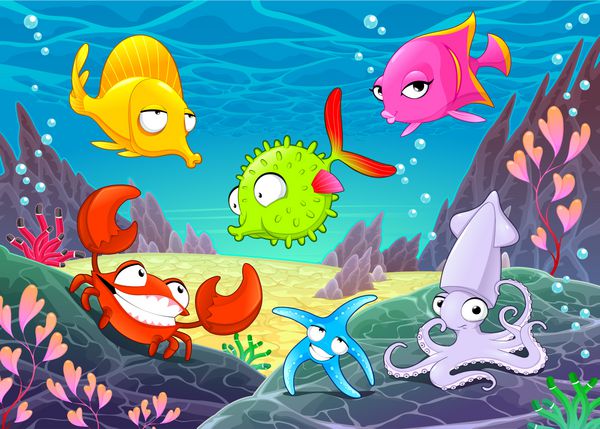 حیوانات شاد خنده دار زیر دریا وکتور تصاویر کارتونی