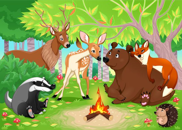 حیوانات بامزه در جنگل کنار هم می مانند وکتور تصویر کارتونی