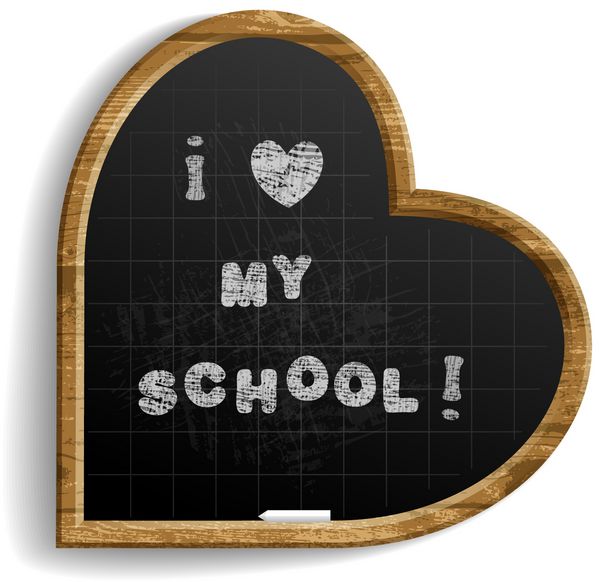 تخته سیاه شکل قلب با عبارت من مدرسه ام را دوست دارم تصویر واقعی از فونت دست ساز استفاده شده است هوشمندانه گروه بندی و لایه بندی شده است