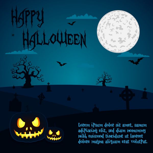 تصویر هالووین کدو تنبل در گورستان در شب ماه کامل با متغیرهای متنی