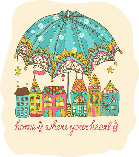 خانه های کارتونی رنگی زیر چتر تصویر زیبا وکتور