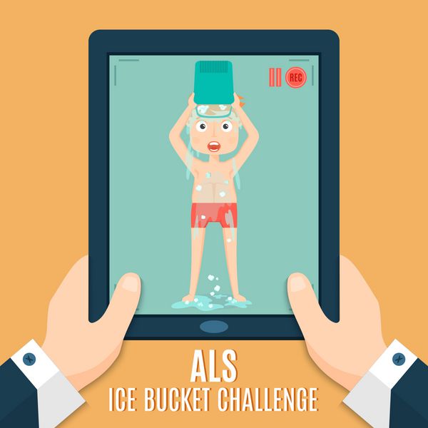 وکتور مفهومی چالش سطل یخ ALS مردی که روی خود یخ و آب می اندازد و ضبط را روی تبلت انجام می دهد وکتور به سبک تخت مدرن