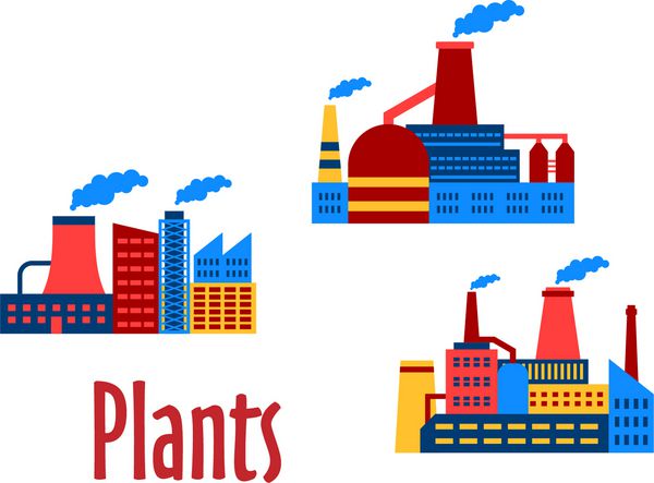 کارخانه ها و گیاهانی که نمادهای مسطح جدا شده در پس زمینه سفید را می سازند ممکن است برای طراحی صنعتی و محیطی باشد