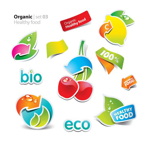 مجموعه ای از برچسب ها و نمادهای مواد غذایی سالم و ارگانیک