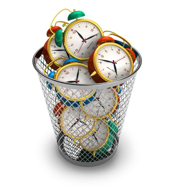 مفهوم اتلاف وقت ساعت های زنگ دار در سطل زباله