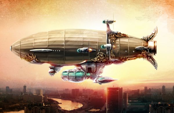 بالون dirigible در آسمان بر فراز یک شهر