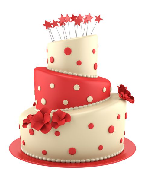 کیک گرد بزرگ قرمز و زرد جدا شده در پس زمینه سفید