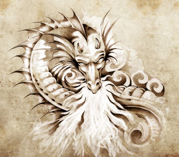 طرحی از هنر تاتو اژدهای قرون وسطایی فانتزی با آتش سفید