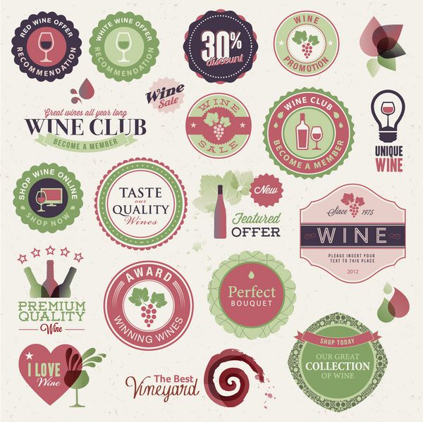 مجموعه ای از برچسب ها و عناصر برای شراب