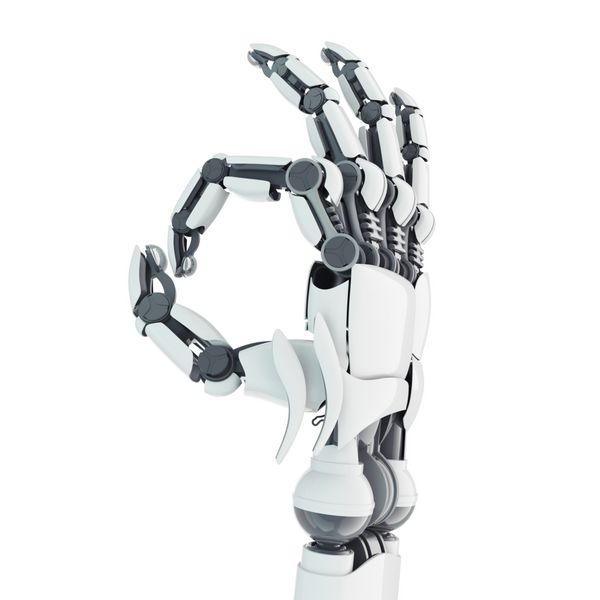 بازوی رباتیک ایزوله که Ok را روی پس‌زمینه سفید نشان می‌دهد